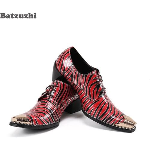 Batzuzhi Mens Shoes 6.5cm High Heels Golden Metal Toe Red Leather Dress for Mens Party & Wedding Lace-up Punk Zapatos Hombre