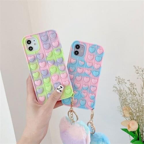 Heart Silicon Release Pressure Push It Bubble Phone Case for iPhone 12 Pro Max Mini 11 X XS XR 7 8 Plus 6 6S SE With Hair Ball