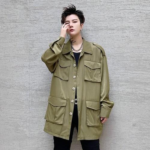 2021 spring Korean style Personalized pocket design shirts men casual loose army green cargo shirts for men,size M-XXL