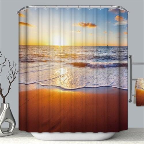 3D Seaside Scenery Beach Shower Curtain Home Decor Curtain Moldproof Waterproof Belt Hook Shower curtain