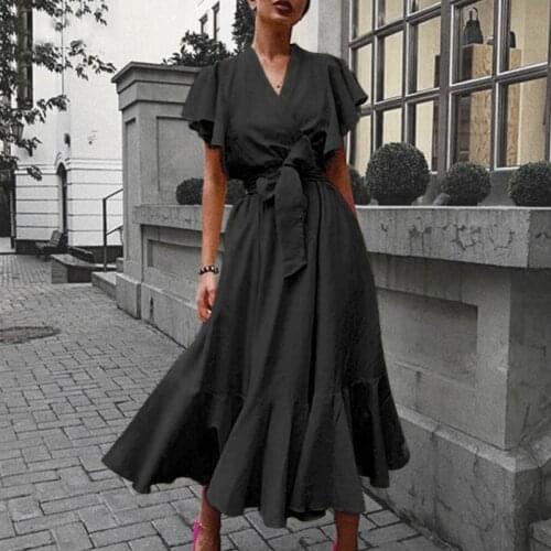 2021 Retro Short Sleeve Dresses Womens High Waist V-neck Long Dress Ladies Ruffle Dress with Big Swing Maxi Dresses for Women