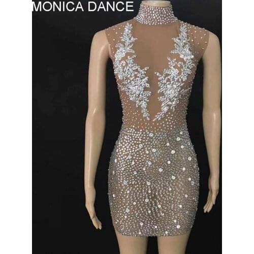 Women Sexy Stage Flashing Silver Rhinestone Transparent Dress Prom Dance Evening Outfit Birthday Celebrate Nude Short Dress