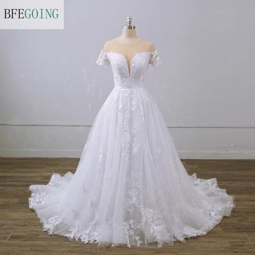 White Lace Shiny Tulle Appliques Short Bridal gown Floor-Length A-line Wedding dresses Chapel Train Custom made
