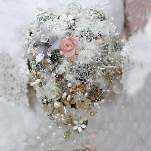 Iffo custom water drops hands holding flowers bridal bouquets pearl butterfly keys silver leaves crystal flowers DIY decoration