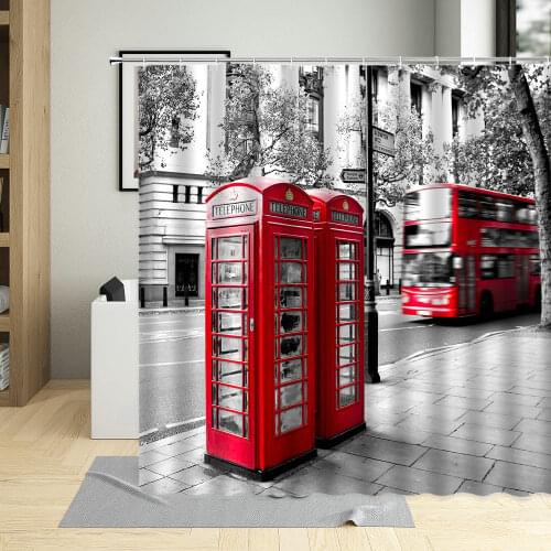 London Red Telephone Booth Retro Shower Curtain City Scenery Black White Wall Cloth Bathroom Decor bathtub Hanging Curtains Sets