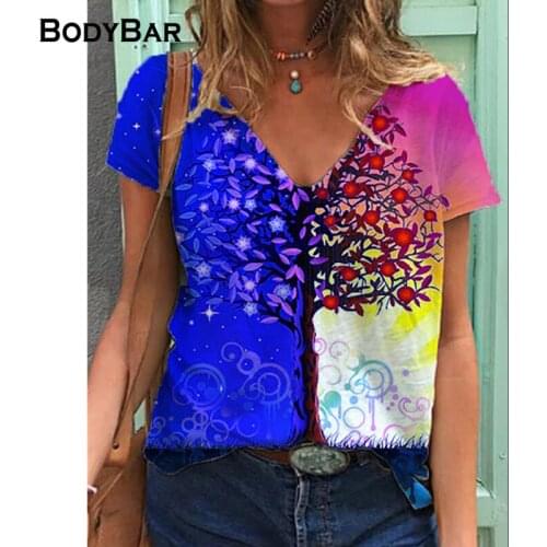 Colorful Tree Print V-neck Short-sleeve T-shirt Ladies New Loose 3XL Plus Size T Shirt Summer Women Streetwear 2021 Colorful Tee