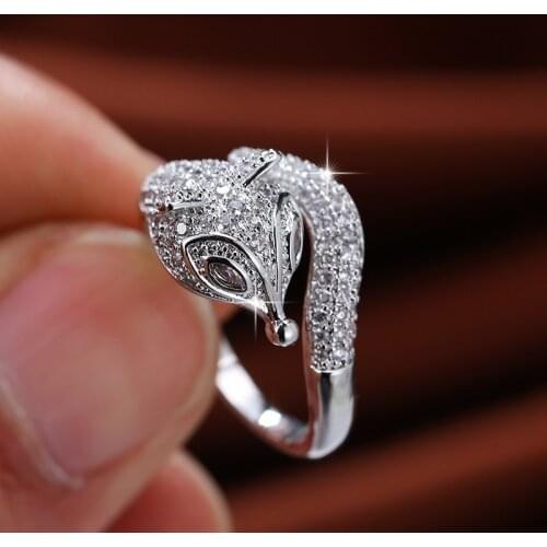 Dainty Female White Crystal Stone Ring Elegant Silver Color Animal Wedding Rings For Trendy Bridal Zircon Fox Engagement Ring