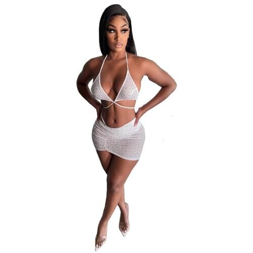 Sexy Bra 2 Pieces Skirt Sets Sheer Whtie Beach Wear Women Bandage Crop Top and Mini Skirts Summer Clothes Club Party Wear 2021