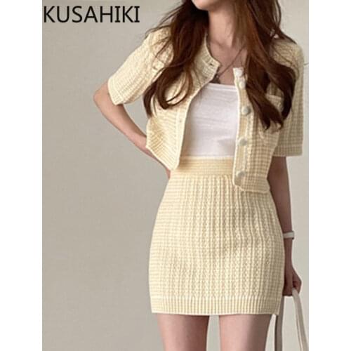 KUSAHIKI Woman Skirt Sets O-neck Single Breasted Short Knitwear Cardigan + High Waist Slim Mini Skirts Korean Chic Outfits 6J989