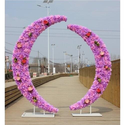 Wedding home party metal iron crescent arch road backdrop stand artificial fake flowers moon arch door DIYdecoration accessories