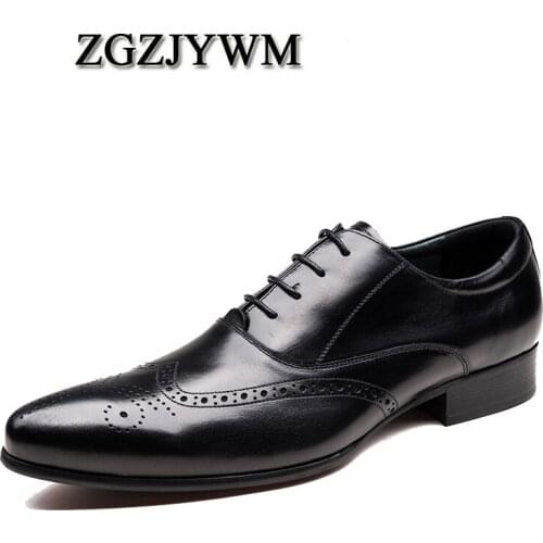 ZGZJYWM Fashion Black/Wine Red Oxfords Mens Dress Lace-Up Pointed Toe Shoes Genuine Leather Formal Business Man Wedding Shoes