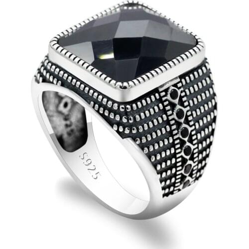 Men Ring with Rectangle Black Cubic Zircon Real 925 Sterling Silver Cool Vintage Turkish Male Rings Silver Punk Jewelry Gift