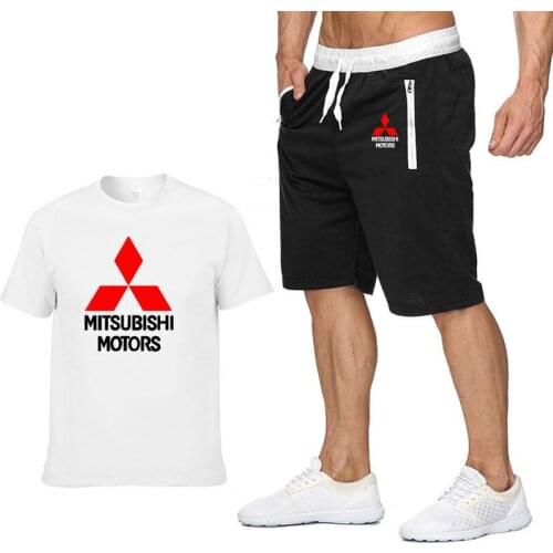 Summer Mens Short Sets Mitsubishi Car Logo Printing Casual Short Sleeve Round Neck Cotton Mens T-shirt+shorts 2Pcs Suit