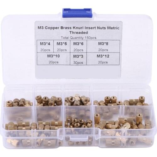 150pcs/Set M3 Brass Knurl Insert Nuts Threaded Assortment Set Kit with Plastic Box Wood Furniture Hardware