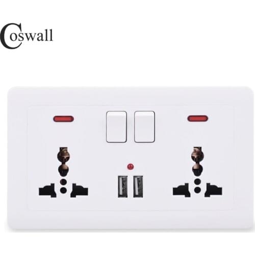 Coswall Wall Power Socket 2 Gang Universal 3 Hole Switched Outlet With Neon 2.1A Dual USB Charger Port LED indicator 146mm*86mm