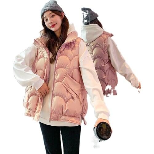 2021 new Autumn Winter Womens Down cotton vest woman Shiny Solid stand-up Sleeveless Jacket Thick Casual Outwear