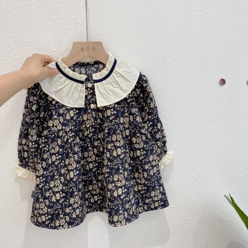 2021 New Girls Long Sleeve Dresses 2-6 Y Kids Baby Fashion Lapel Floral Dress Korean Princess Dresses for Girls Children Clothes