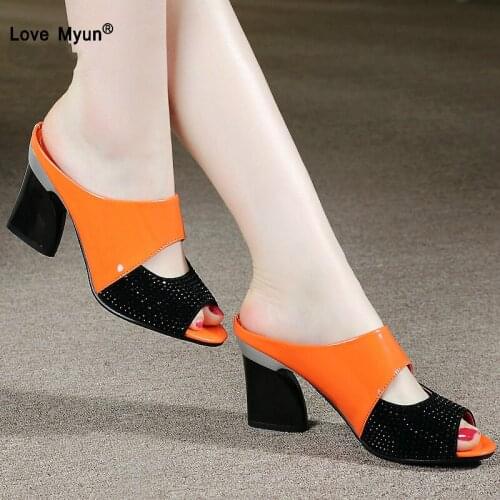 New women slippers rhinestone thick high-heeled color block decoration open toe summer crystal women shoes 488