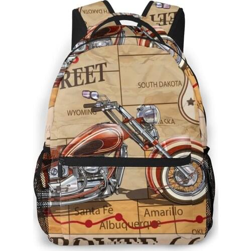 OLN Children Backpacks School Bag For Boys Vintage Route 66 Motorcycle Poster Teenagers Schoolbag Student Bookbags
