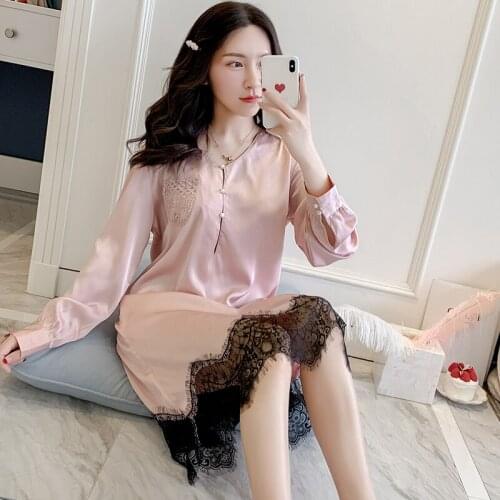 Silky Satin Women Nightdress Casual Nightwear Intimate Lingerie Loose Sleepwear Lace Patchwork Home Dressing Gown Nightgown