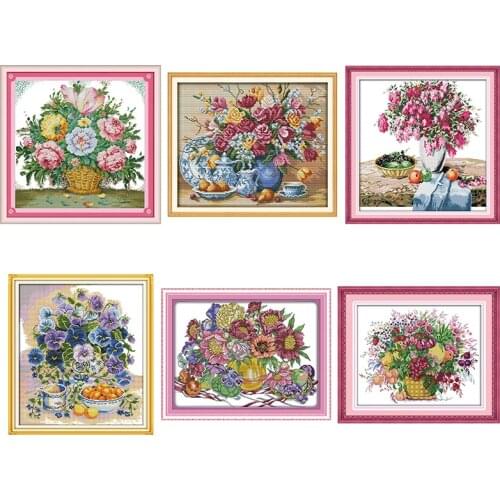 Fruit and Flowers Vase DMC Cross Stitch Kit 14ct 11ct Count Print Canvas Cross Stitch Needlework Embroidery DIY Hand Embroidery
