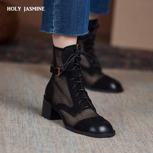 Women Lace Up Mesh Shoes Ankle Booties Summer Boots Back Zipper Mesh Botas Mujer Brand Design Botines Female 2021 Spring Fashion