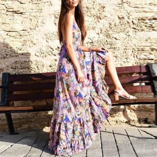 2021 Summer Sexy Deep V Neck Printed Slim Full Length Prom Dresses Vacation Beach Backless Vestido Evening Party Homecoming Robe