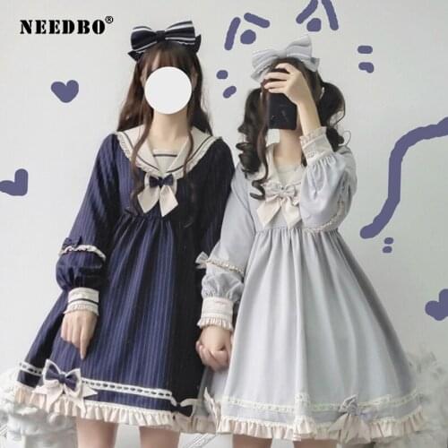Dress Women Long Sleeve Fall Winter Kawaii Lolita Dress Vintage Sweet Bow Palace Women Dress Sailor Collar Ruffle Ladies Dresses