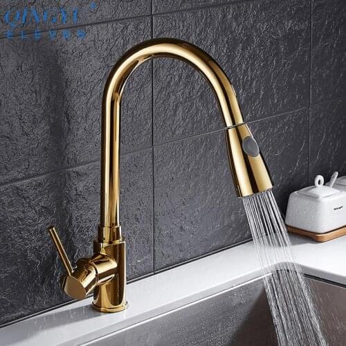 QINGYU ELEVEN Gold Polished Kitchen Faucets Single Handle Pull Out Kitchen Tap Swivel 360 Degree Hot And Cold Water Mixer Tap