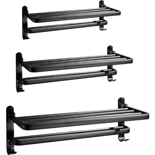 Aluminum Black Towel Rack Wall Mounted Folding Towel Holder Storage Shelf