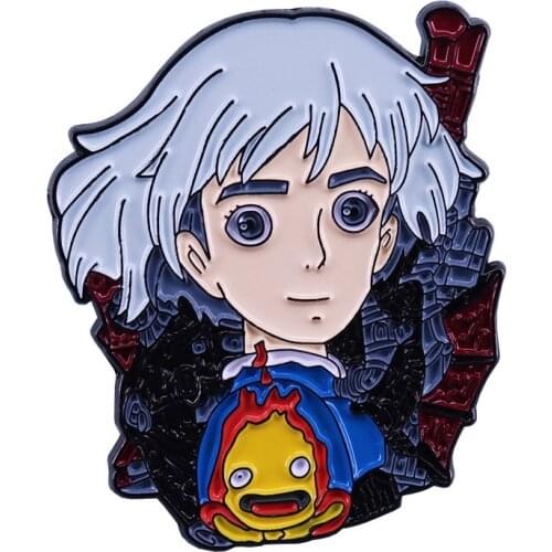 Anime Animation Howls Moving Castle Sophie And Calcifer Cute Cartoon Metal Copper Enamel Clothes Lapel Bag Badge Brooch Pin
