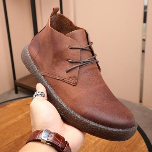 Vintage Genuine Leather Ankle Boots Spring Autumn Hight-Top Casual Shoes Full-Grain Stitching Soft Bottom Rubberr Boots GZ2258