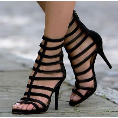 Black Suede Leather Straps Women Cage Sandals Sexy Open Toe Ladies Fashion High Heels Female Spring Hot Dress Shoes Party Shoes