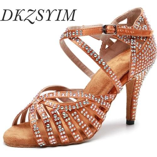DKZSYIM Discounts And Promotions Jazz Salsa Ballroom Latin Dance Shoes For Dancing Women Sexy Heels Summer Rhinestone Black Sand