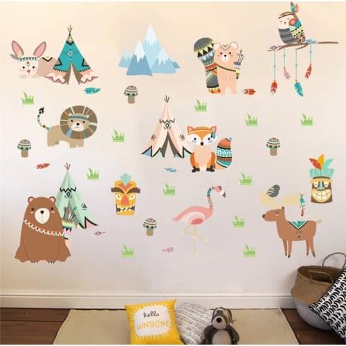 Jungle Wild Lion Bear Bird Rabbit Wall Sticker For Kids Rooms Home Decor Cartoon Owl Lion Bear Fox Wall Decals Pvc Mural Art