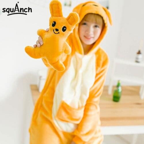 Kangaroo Kigurumis Orange Cartoon Animal Onesie Women Girl Adult Couple Pajama Winter Party Cute Funny Flannel Warm Jumpsuit