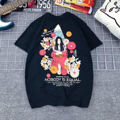 Japanese Geisha Tattoo T Shirt Mens Casual Ukiyo Flower Print Cotton Short Sleeve T-shirts Motorcycle Biker Tops Tee Shirts
