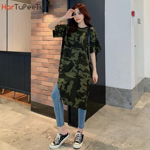 Girls Camouflage T Shirt Dress Knee-Length Women 2021 Summer Asymmetrical Hem Plus Size Loose Casual Cotton Long Tees