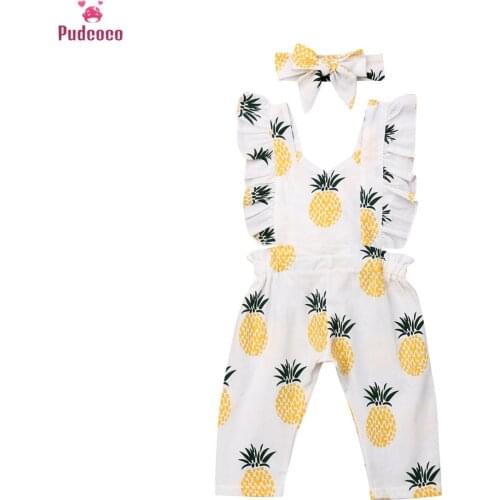 Infant Toddler Newborn Baby Girls Clothes Jumpsuits Sleeveless Ruffle Pineapple Printed Romper Headband Outfits Clothing
