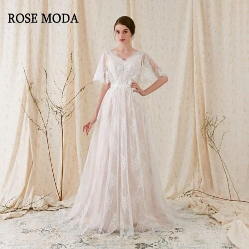 Rose Moda Chantilly Lace Boho Wedding Dress V Neck Short Flare Sleeves Low V Back Bohemian Wedding Dresses