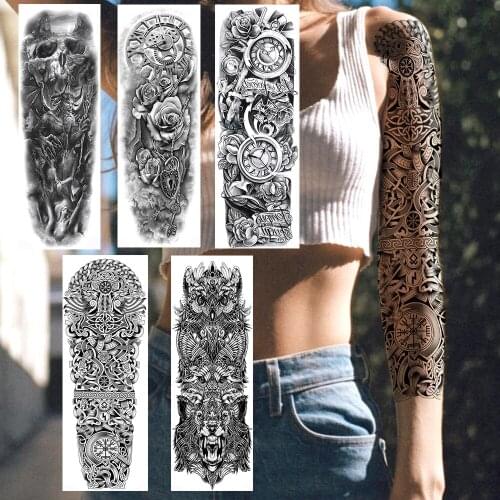 Fashion Totem Full Arm Temporary Tattoos Realistic Fake Skull Flower Owl Wolf Large Tatoo Sticker Washable Sleeve Body Art Decor
