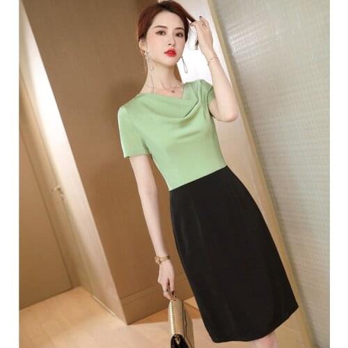 Fashion Green Summer Dresses Ladies Office OL Styles Short Sleeve Dress Women Work Wear Slim Hips Patchwork Dress