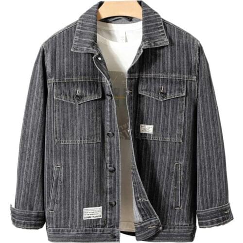 Mcikkny Men Classic Stripe Denim Jackets Cotton Casual Jeans Coats Streetwear Long Sleeves Black Grey