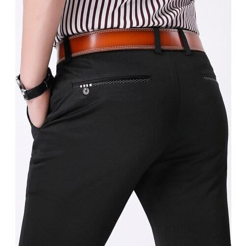 Mens casual pants fitness straight polyester blends long trousers plus size 2019 fall winter elastic business formal slacks