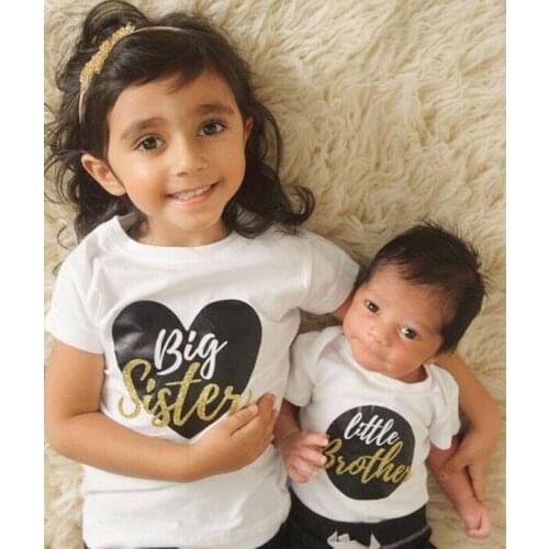 Big Sister Little Brother Matching Outfits Baby Boy Bodysuits Girl T-shirt Kids Heart Letter Printed Short Sleeve Top