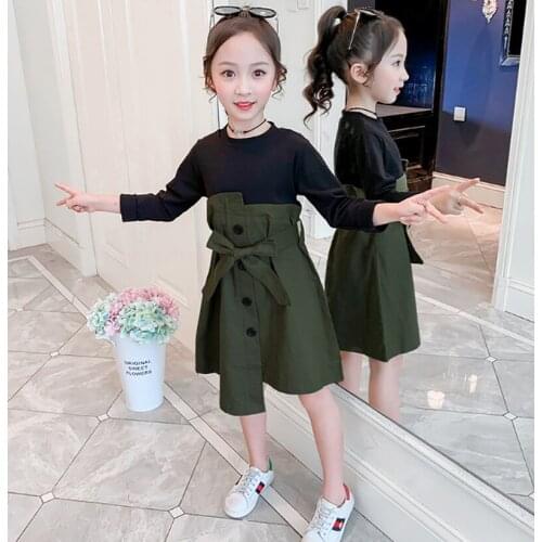 Girls Dresses Long Sleeve Patchwork Dress For Girls Korean Slim Kids Party Dress With Bow Belt Spring Autumn Clothes For Girls