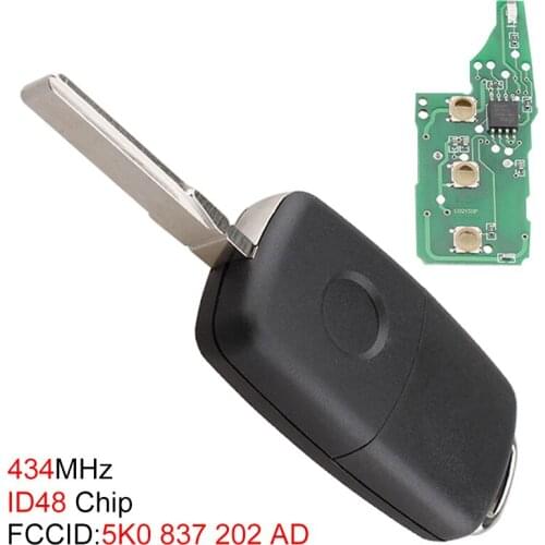 434MHz 3 Buttons Black Uncut Flip Remote Key Fob with ID48 Chip Fit for VW / Arriba 2009-2014 / Touran / Caddy / Golf