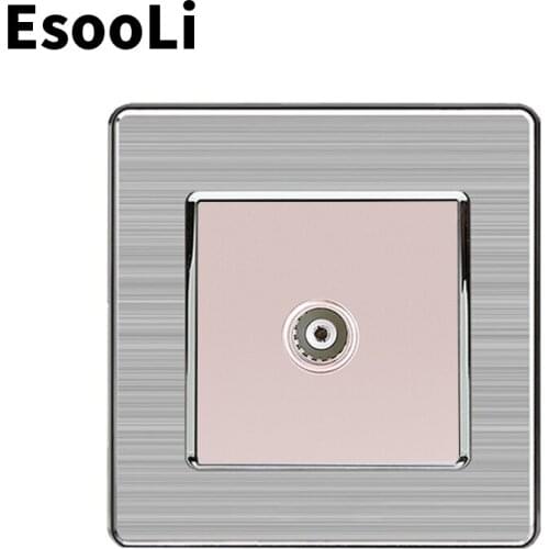 Esooli Gold 1 Gang Female TV Connector Luxury Wall Socket Outlet Stainless Steel Brushed Silver Frame Panel 86mm*86mm