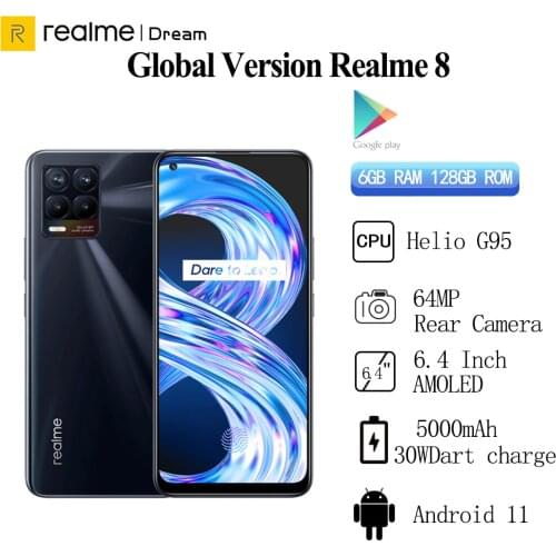 Realme 8 RU Version Smartphone 64MP Quad Camera 6G 128G Helio G95 Octa Core 6.44"inch AMOLED Display 5000mAh Battery 30W Charge
