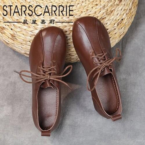 Retro single shoes women spring and autumn casual beef tendon soft bottom flat leather lace deep mouth mother shoes